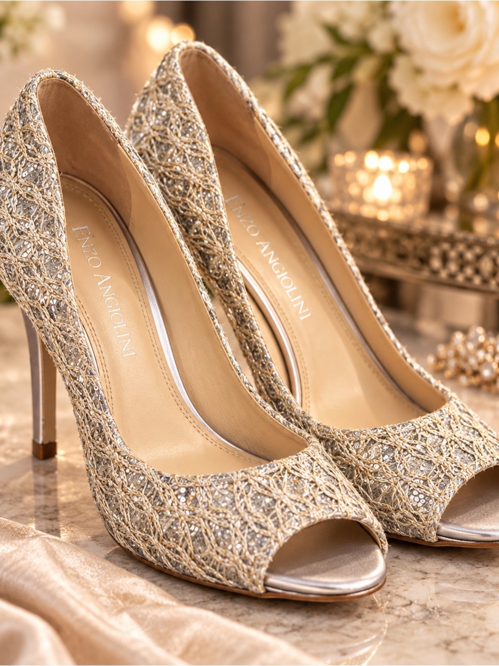 Enzo Angiolini Champagne Metallic Lace Peep Toe Evening Heels